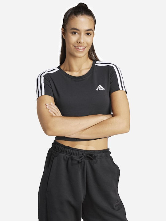Adidas Essentials 3-stripes Damen Sport Crop T-Shirt Gestreift Schwarz