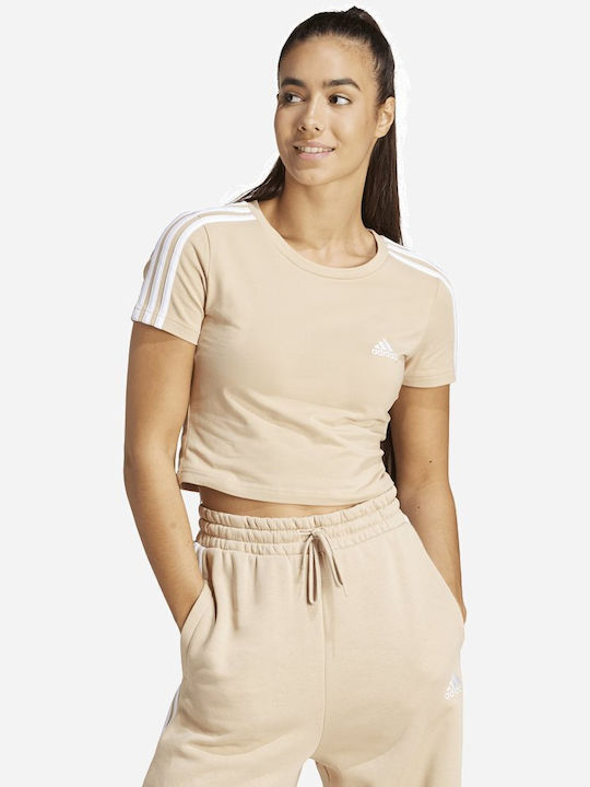 Adidas Essentials 3-stripes Damen Sport Crop T-Shirt Gestreift Beige