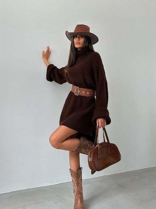 Mini Dress Knitted Turtleneck Coffee