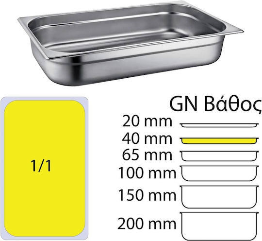 Ready Σκεύος Gastronorm Ανοξείδωτο GN1/1 με Βάθος 40mm