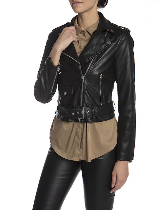 Cavalieri Women's Short Biker Artificial Leather Jacket for Winter Black