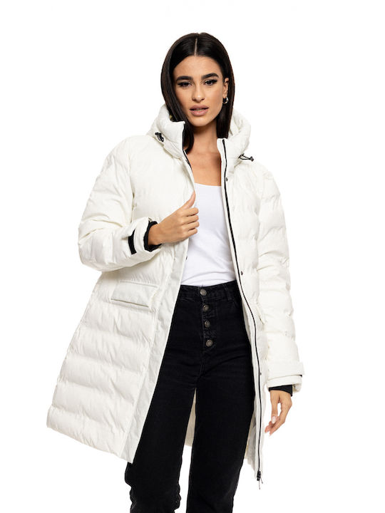 Splendid Women's Long Puffer Jacket for Winter with Hood Off White