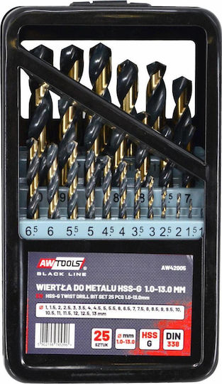 AWTools Σετ 25 Διαμαντοτρύπανα HSS με Κυλινδρικό Στέλεχος για Μέταλλο