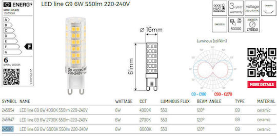 LED line Bec LED 6W pentru Soclu G9 Alb rece 550lm