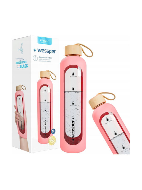 Wessper Bottle Water Glass with Screw Cap Pink 1000ml