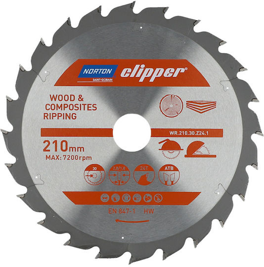 Norton Δίσκος Κοπής Ξύλου με 24 Δόντια 210mm
