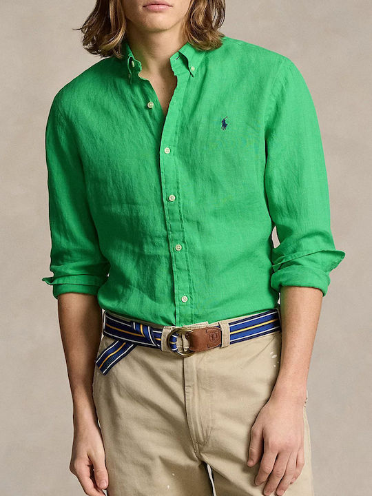 Ralph Lauren Shirt Ανδρικό Πουκάμισο Μακρυμάνικo Λινό με Κανονική Γραμμή Lightgreen