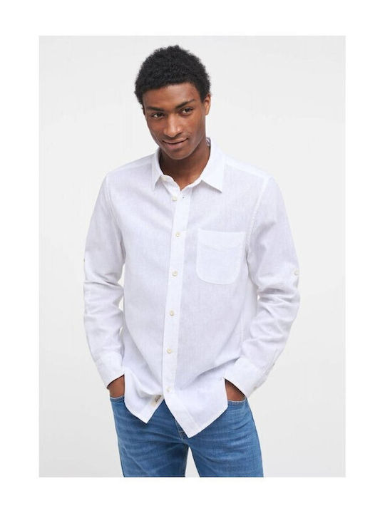 Mustang Men's Shirt Long Sleeve Linen White