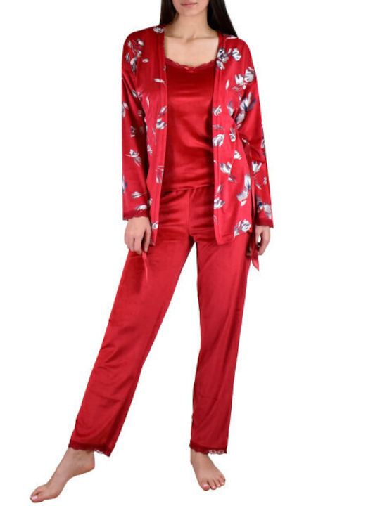Mihra Winter Women's Velvet Robe with Pyjama Red