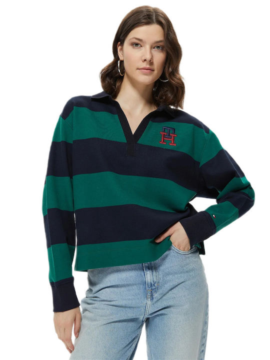 Tommy Hilfiger Women's Polo Blouse Long Sleeve Striped Green