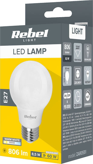 Rebel Λάμπα LED 8.5W για Ντουί E27 και Σχήμα A60 Θερμό Λευκό 806lm