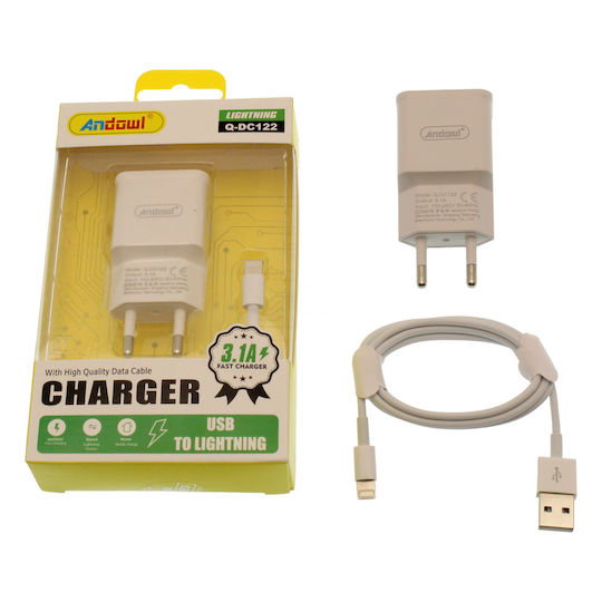 Andowl Φορτιστής και Καλώδιο Lightning 15W Λευκός (Q-DC122)