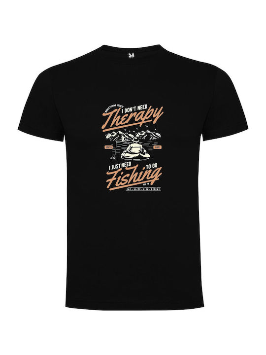 iLovePrints Fishing Is My Therapy T-shirt Μαύρο Βαμβακερό