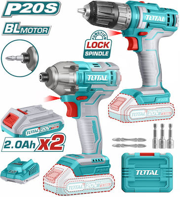 Total Set Mașină de găurit & Șurubelniță 20V cu 2 baterii 2Ah și husă