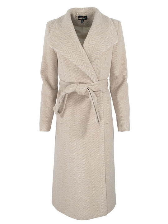 Forel Women's Wool Long Coat with Belt Beige