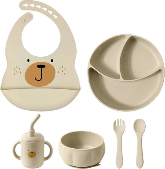 Queen Mother Queen Mother Baby & Kids Feeding Set Bear Made of Silicone with Beige Anti-Slip Base 6 Pieces for 6+ Months