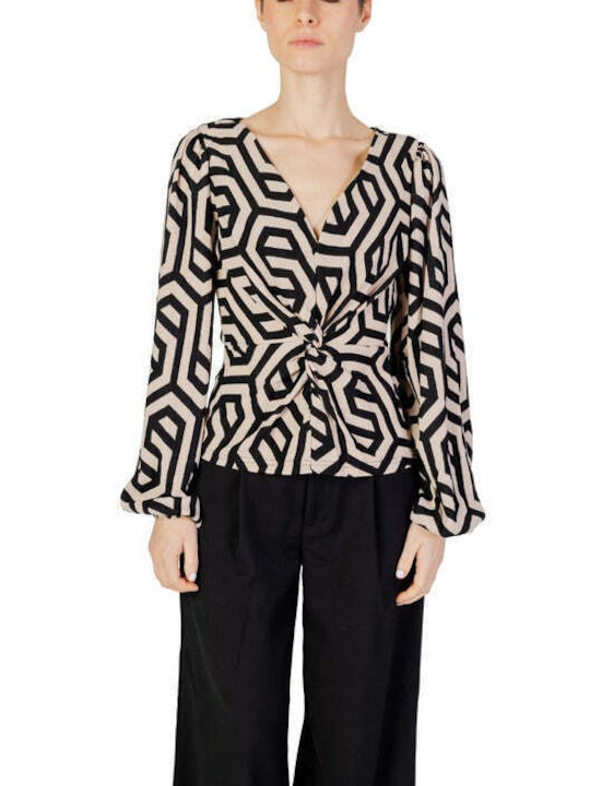 Jacqueline De Yong Women's Summer Blouse Long Sleeve with V Neckline Beige