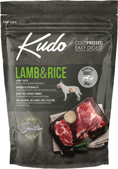 Kudo Adriatic 3kg Dry Food Gluten-Free for Adult Medium & Large Breed Dogs with Lamb and Rice