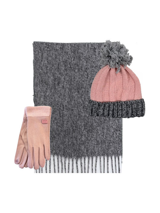 Verde Kids Beanie Set with Scarf & Gloves Knitted Grey-Pink