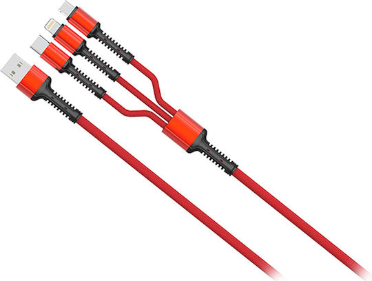 Moye Braided Cablu USB la Lightning / micro USB / Type-C cu mai multe porturi Roșu 3m