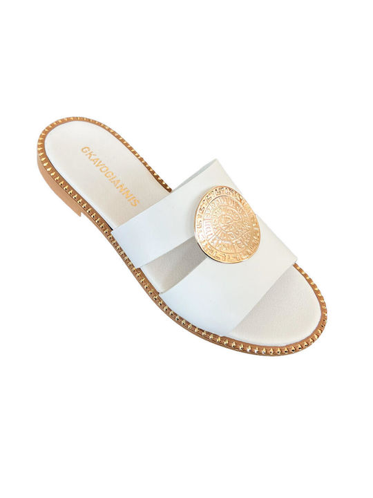 Gkavogiannis Sandals Leather Women's Flat Sandals in White Color