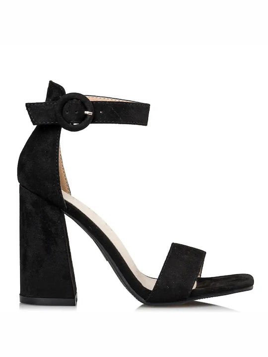 Envie Shoes Suede Women's Sandals with Ankle Strap Black with Chunky High Heel