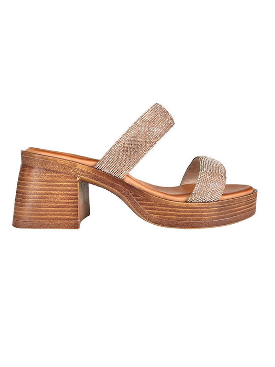 Gkavogiannis Sandals Platform Leather Women's Sandals with Strass Rose Gold
