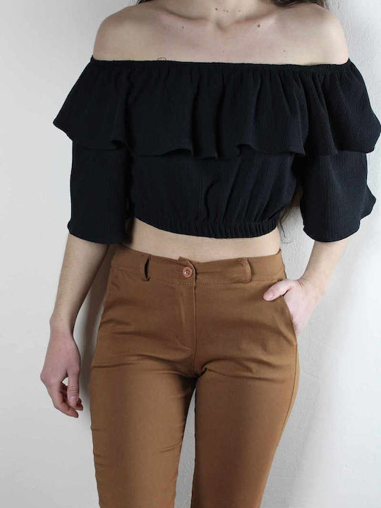 Sinell Women's Summer Crop Top Off-Shoulder Cotton Short Sleeve Black