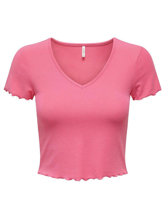 Only Women's Crop Top Short Sleeve with V Neck Camellia Rose