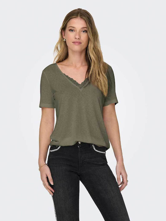 Only Women's Athletic Blouse Short Sleeve Fast Drying with V Neck Green