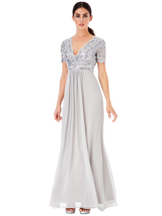 Summer Maxi Evening Dress Wrap with Lace Silver