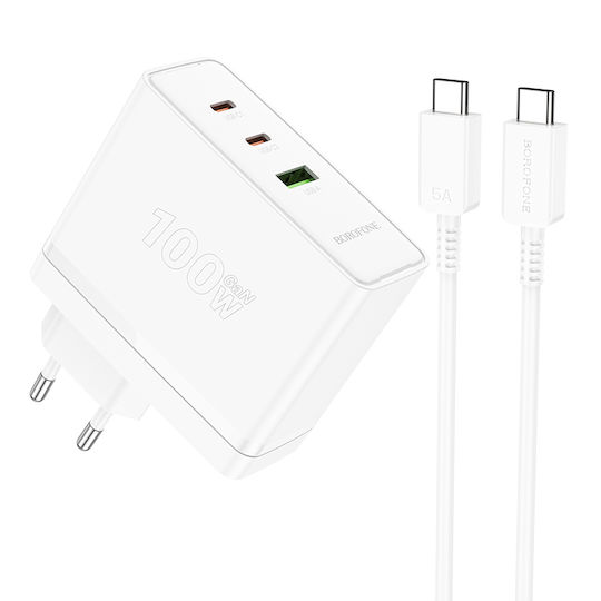 Borofone Charger with USB-A port and 2 USB-C ports and USB-C - USB-C Cable 100W Power Delivery / Quick Charge 3.0 in White Colour (BN11 Imperial)