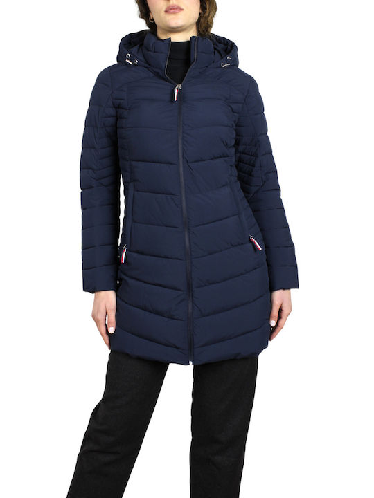 Tommy Hilfiger Women's Short Puffer Jacket for Winter with Hood Blue