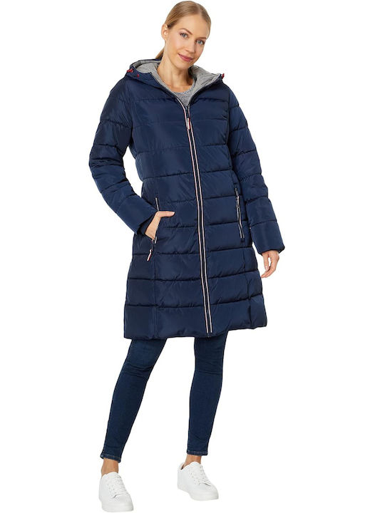 Tommy Hilfiger Women's Short Puffer Jacket for Winter with Hood Blue