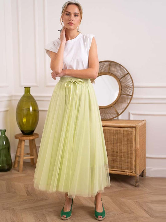 High Waist Maxi Skirt with Tulle in Green color