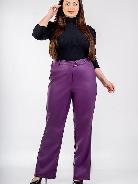 Lovesize Women's High-waisted Chino Trousers with Elastic in Straight Line Magenta