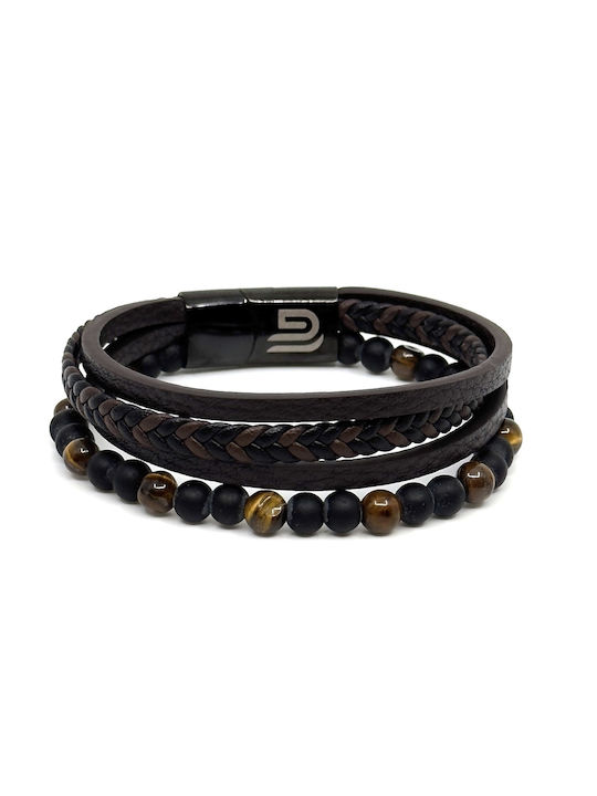 Brown Leather Bracelet made of Stainless Steel with Volcanic Stones