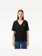 Lacoste Women's Blouse Cotton Short Sleeve with V Neckline Polka Dot Black