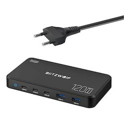 BlitzWolf mit 2 USB-A Anschlüssen und 3 USB-C Anschlüssen 120W Stromlieferung / Schnellaufladung 3.0 Schwarz (BW-i100)