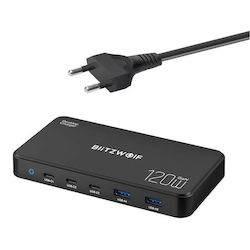 BlitzWolf Зарядна станция GaN (Галуниев нитрид) с 2 USB-A порта и 3 USB-C порта 120W Доставка на енергия / Бързо зареждане 3.0 в Черно цвят (BW-i100)