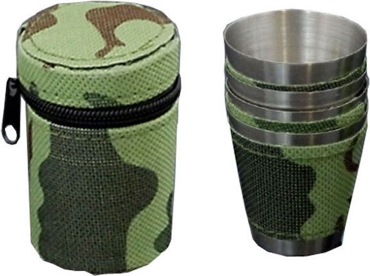 Hip Flask Camo Case Shot Glasses made of Metal in Gray Color 4pcs