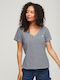 Studios Slub Emb Vee Damen Bluse Baumwolle Kurzärmelig mit V-Ausschnitt Gestreift Navy