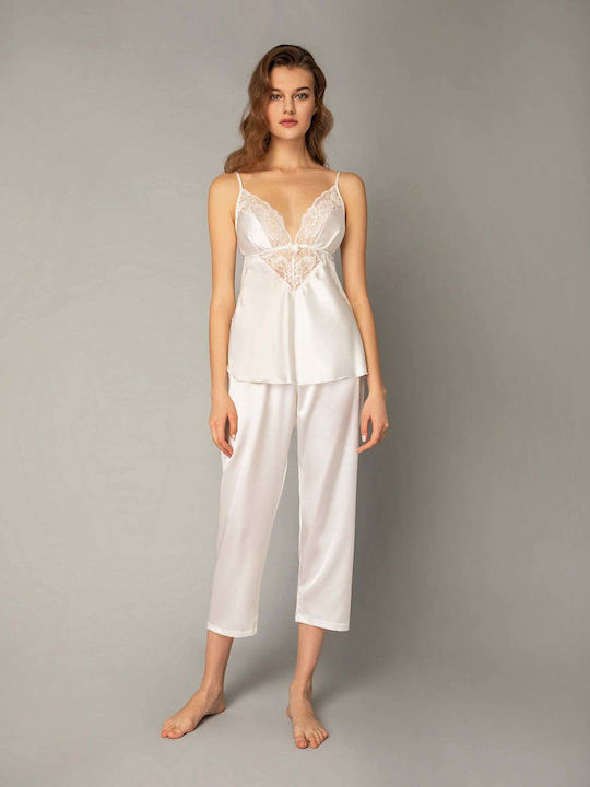 Milena by Paris Sommer Damen Pyjama-Set Satin Ivory Coast