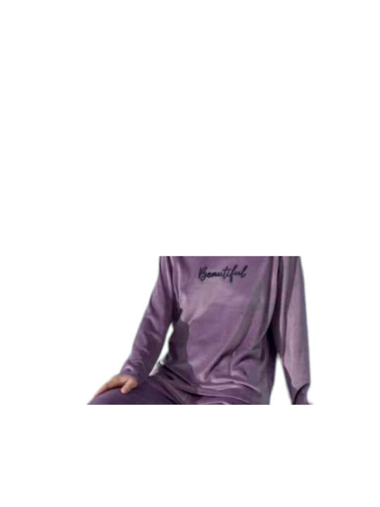 Mihra Winter Damen Pyjama-Set Samt Purple