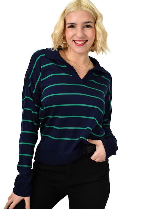 Damen Bluse Langärmelig Gestreift Marineblau