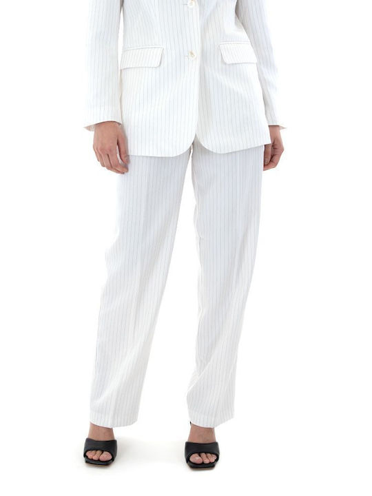 Only Women's High-waisted Fabric Trousers in Straight Line Striped Beige