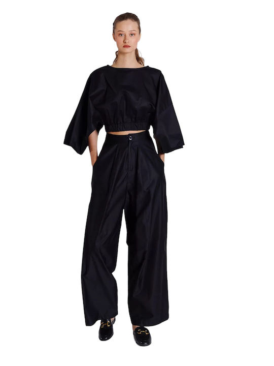 Women's High-waisted Fabric Trousers with Elastic Black