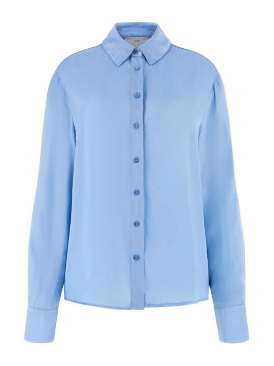 Guess Women's Satin Monochrome Long Sleeve Shirt Light Blue