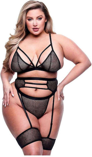Baci Lingerie Sexy Σετ Εσωρούχων με Δαντέλα & Ζαρτιέρες Μαύρο Plus Size 3τμχ