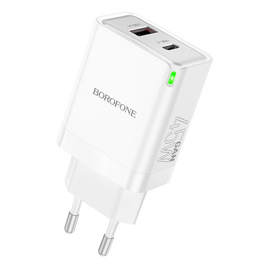 Borofone Charger Without Cable with USB-A Port and USB-C Port 45W Power Delivery Whites (BN16 Tough)